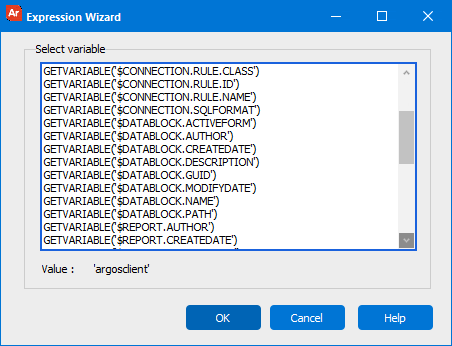 Select variable screen on the expression wizard dialog.